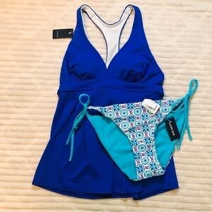 NWT Lands’ End Blue Swing Racerback Tankini Side Tie Bottoms Womens size 4 Small